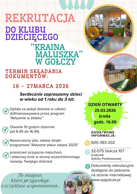 REKRUTACJA DO KLUBU DZIECIĘCEGO ''KRAINA MALUSZKA'' W GOŁCZY