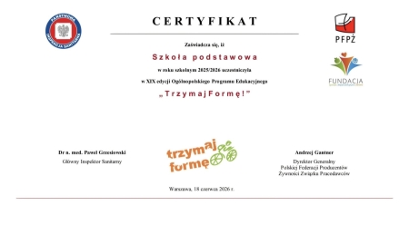 Nasza szkoła otrzymała certyfikat programu „Trzymaj Formę!” 